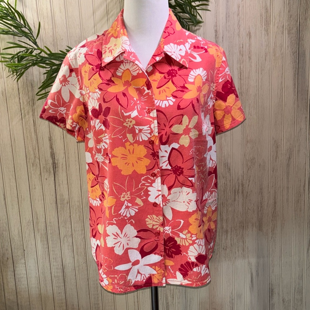 Karen Scott Sport Tropical Hawaiian Floral Button Up Shirt, PL EUC, Linen/Cotton